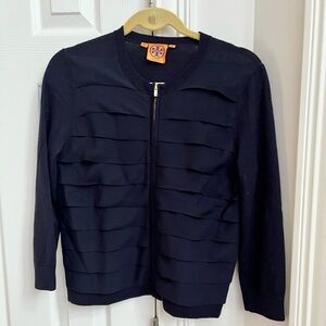 Tory Burch gently used navy zipper front wool cardigan w/silk accents size M